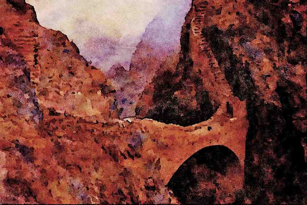 792032 Shahara Bridge, 9000 Ft. Chasm, Yemen A4 Limited Edition Watercolour Print
