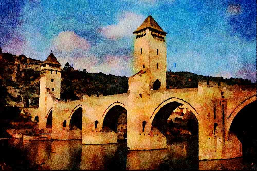 792039 France, Mioi Pyrenees, Valentre Bridge And Lot River A4 Limited Edition Watercolour Print