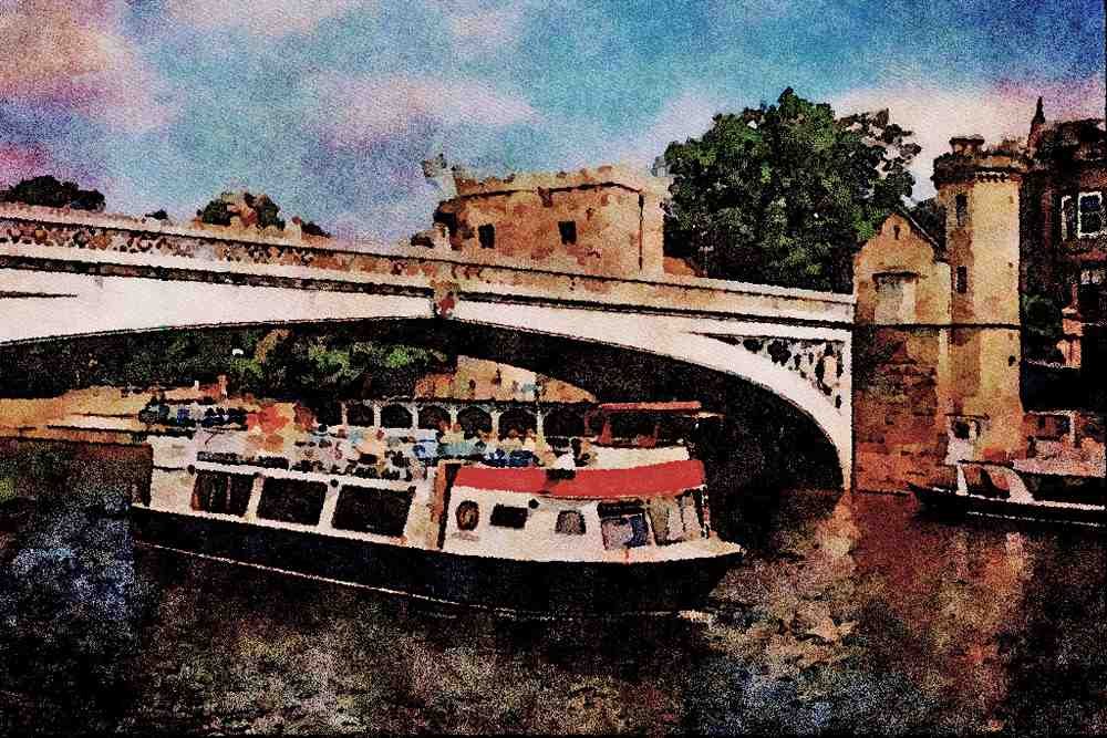 792040 Cruiser Passing Under, Lendal Bridge, York, U.K. A4 Limited Edition Watercolour Print