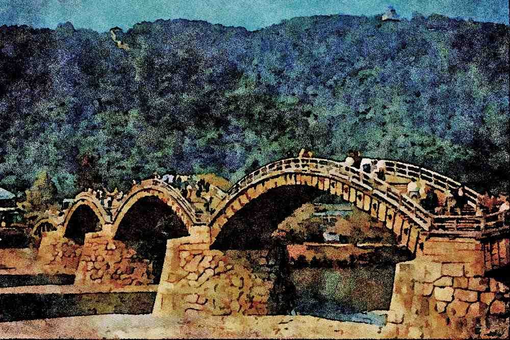 792050 17th Century Stone And Wood Kintai Bridge, Japan A4 Limited Edition Watercolour Print