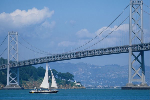 792060 Oakland Bay Bridge With Sailboat, San Francisco, California, U.S.A. A4 Photo Print