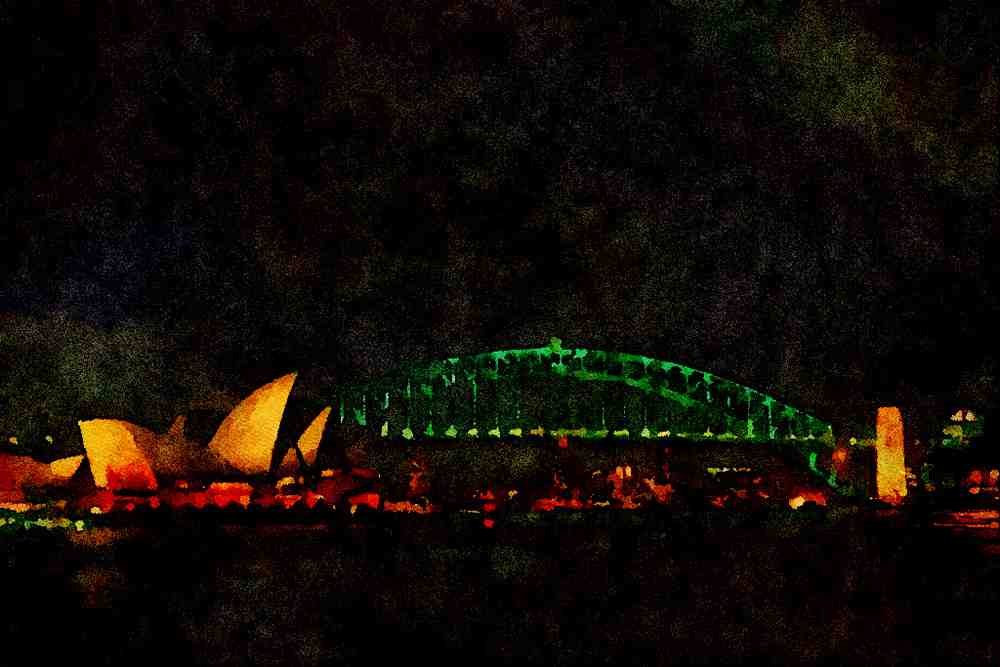 792078 Sydney Bridge And Opera House At Night, Australia A4 Limited Edition Watercolour Print