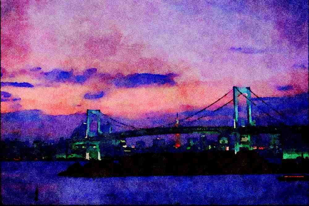 792097 Rainbow Bridge Crossing Tokyo Bay, Japan A4 Limited Edition Watercolour Print