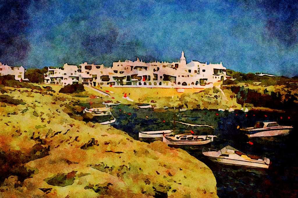 793014 Binibeca Vell, Minorca, Spain A4 Limited Edition Watercolour Print