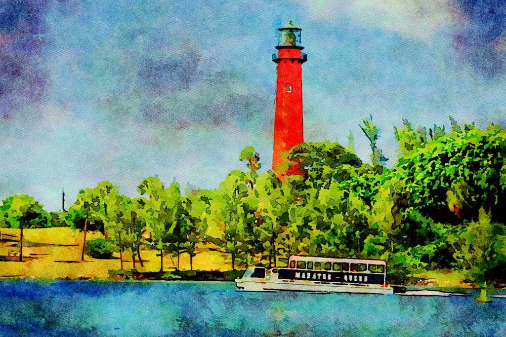 793016 Jupiter Lighthouse, Atlantic Intercostal Waterway, Jupiter, Florida, U.S.A. A4 Limited Edition Watercolour Print