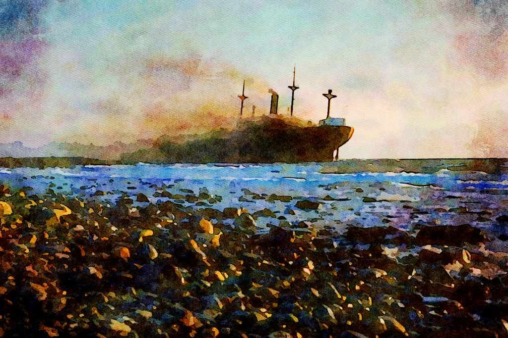 793036 Environmental Pollution Control, Burning Off Bunker C Oil A4 Limited Edition Watercolour Print