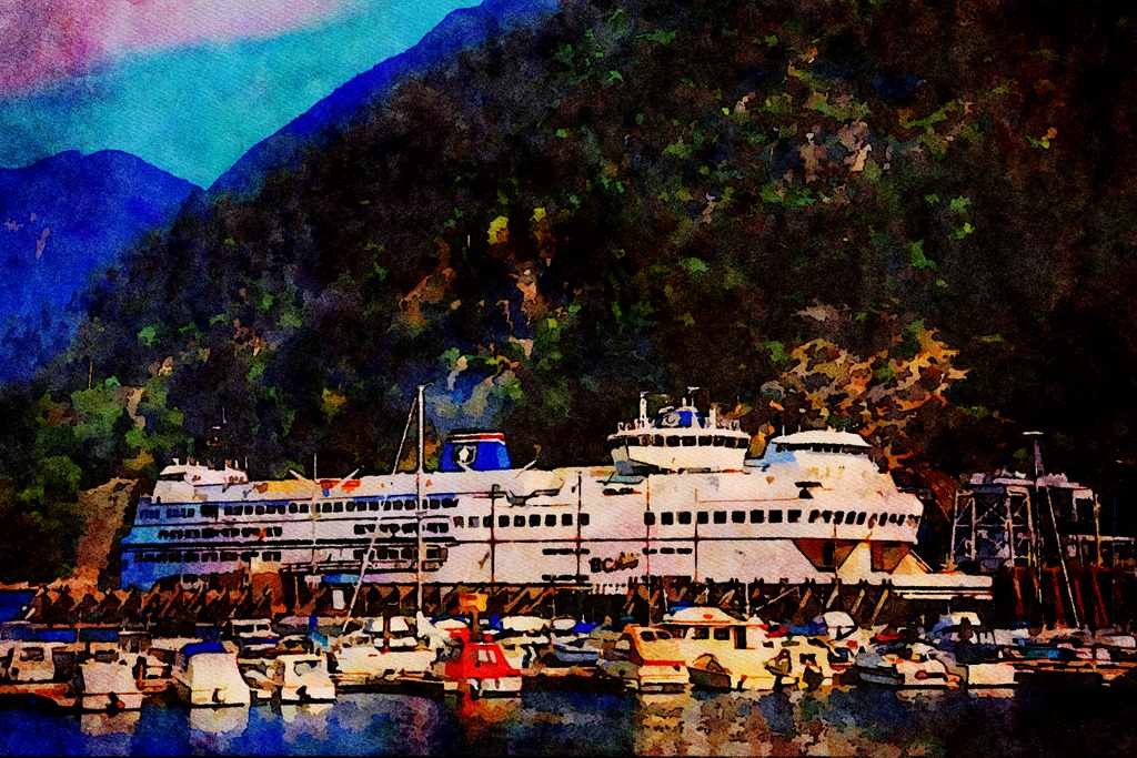 793083 British Columbia Ferry Docked In Horseshoe Bay, British Columbia, Canada A4 Limited Edition Watercolour Print