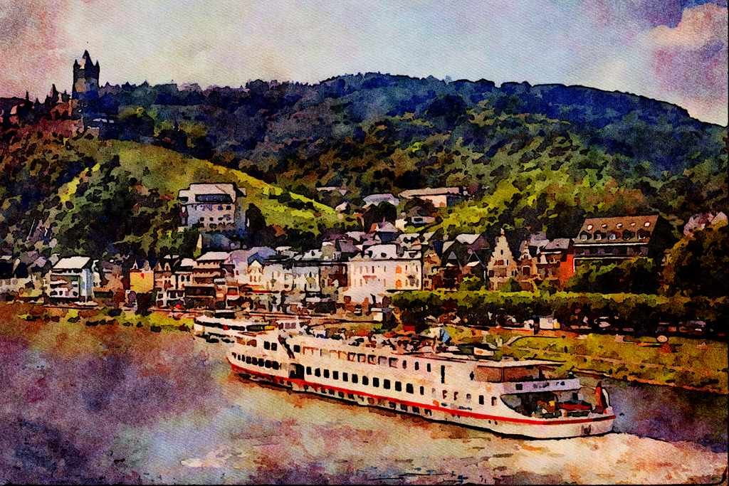 794035 Cruise Boat On Mosel River, Cochem, Germany A4 Limited Edition Watercolour Print