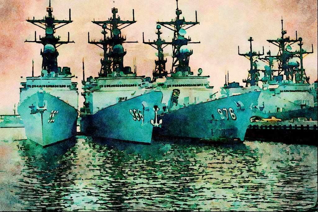 794060 Spruance Class Destroyers, NAV STA, San Diego, California, U.S.A. A4 Limited Edition Watercolour Print