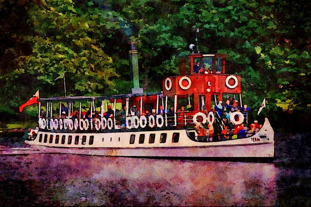 794070 Steamer _Tern_, Lake Windermere, Cumbria, England A4 Limited Edition Watercolour Print