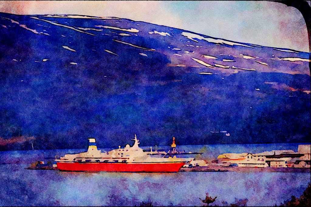 794079 View Of Ship In Bay Of Caprice A4 Limited Edition Watercolour Print