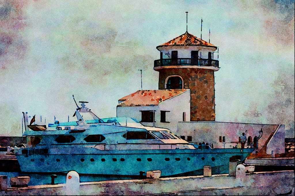 794080 25 Meter Yacht At Almeria Marina, Spain A4 Limited Edition Watercolour Print