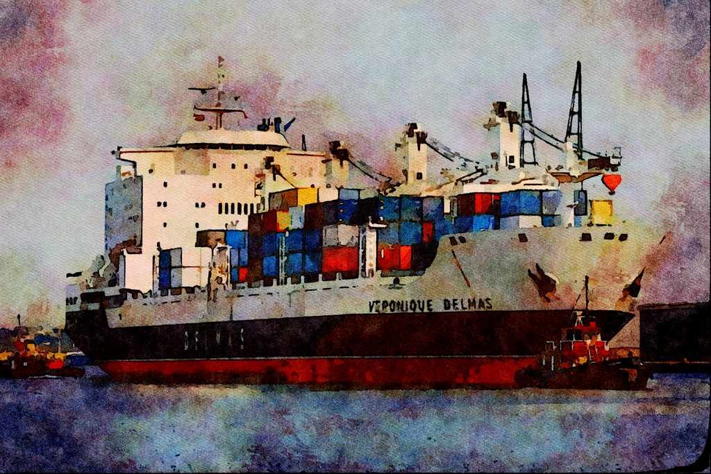 795002 Container Ship Arriving At Tilbury Docks, England A4 Limited Edition Watercolour Print