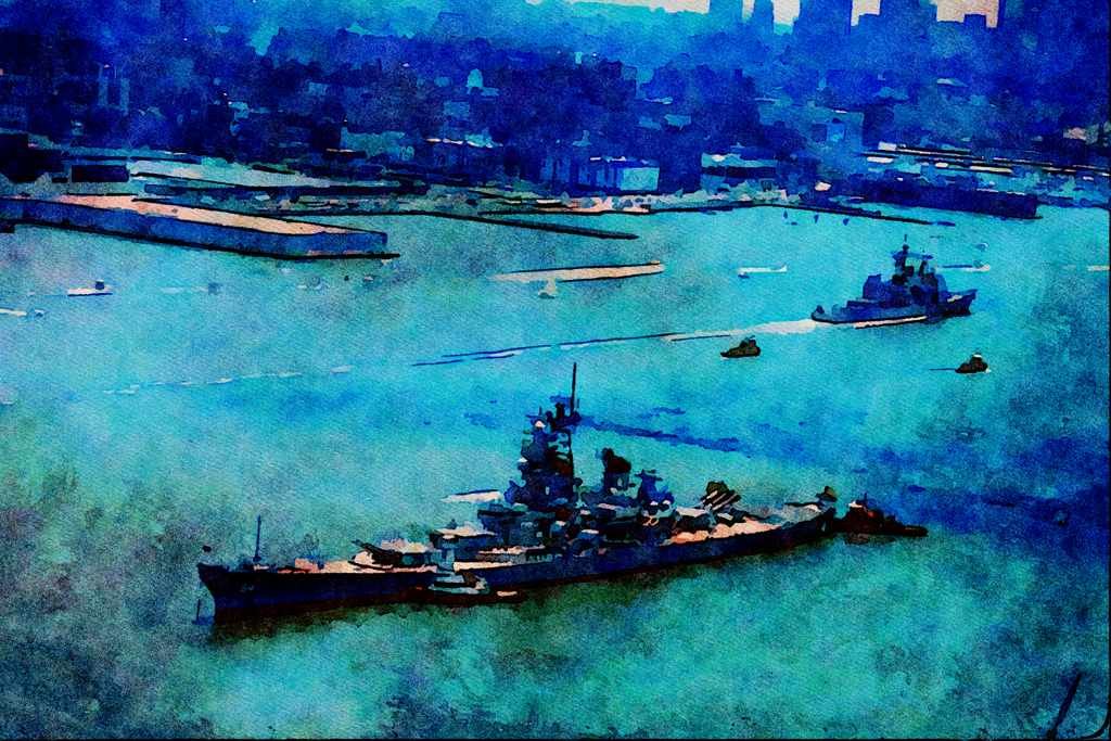 795009 Modern Battleship, _USS Wisconsin_, New York, U.S.A. A4 Limited Edition Watercolour Print