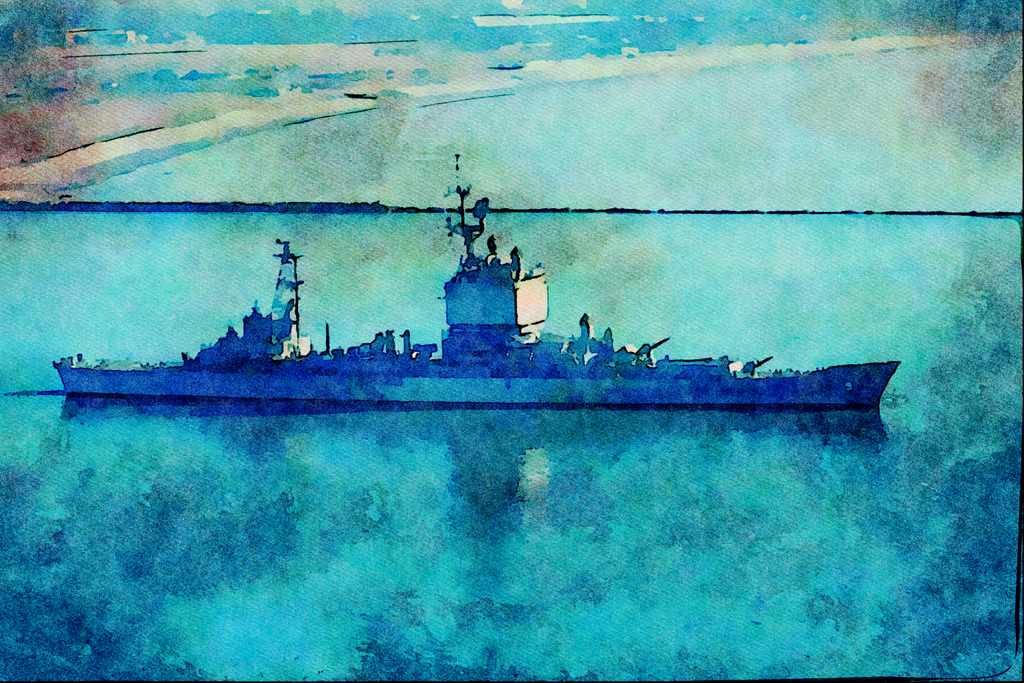 795028 _USS Long Beach_, CGN 9 Nuclear Powered Cruiser, Leaving San Diego Bay A4 Limited Edition Watercolour Print
