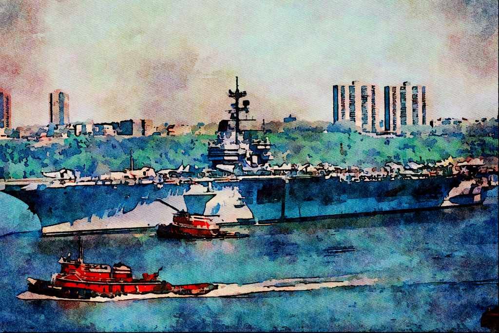 795034 CV 59 _USS Forrestal_, Fossil Fuel, New York, U.S.A. A4 Limited Edition Watercolour Print