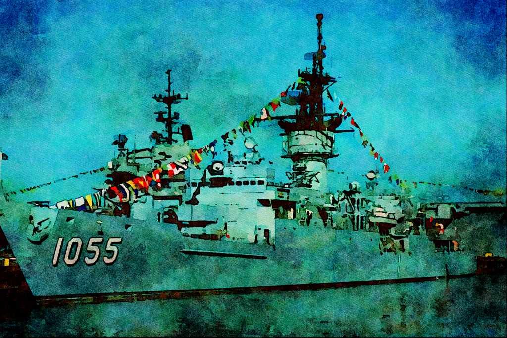 795037 FF1055 _USS Hepburn_ Fully Dressed, San Diego Naval Station, U.S.A. A4 Limited Edition Watercolour Print