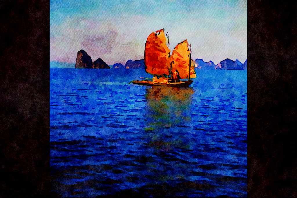 795064 Junk Sailing Through Ha Long Bay, Vietnam A4 Limited Edition Watercolour Print
