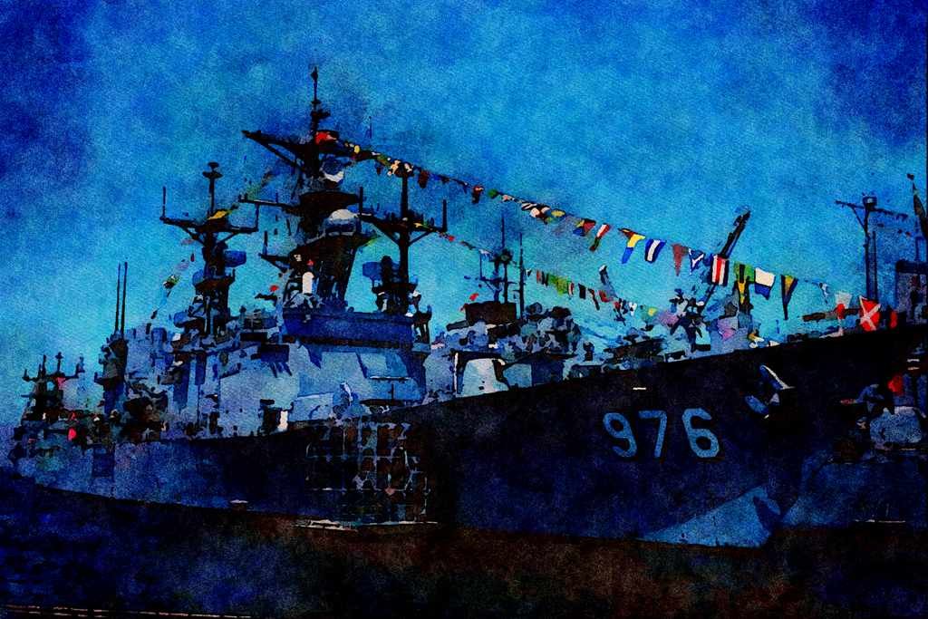 795077 DD976 Merril Spruance Class Destroyer, Dressed For Port Visit A4 Limited Edition Watercolour Print