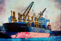 795081 Freighter, San Pedro Harbor, California, U.S.A. A4 Limited Edition Watercolour Print