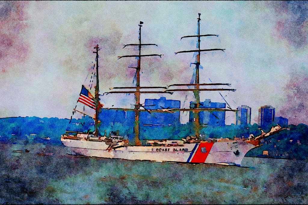 796028 United States Coastguard Sailing Trainer, Off New York, U.S.A. A4 Limited Edition Watercolour Print