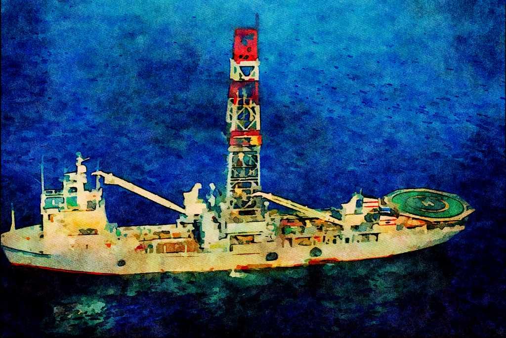 796043 Drilling Ship Performing Exploration Surveys, 2800 Meters Deep A4 Limited Edition Watercolour Print