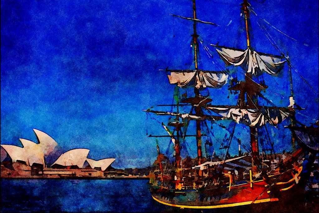 796052 _Bounty_ With Opera House In Background A4 Limited Edition Watercolour Print