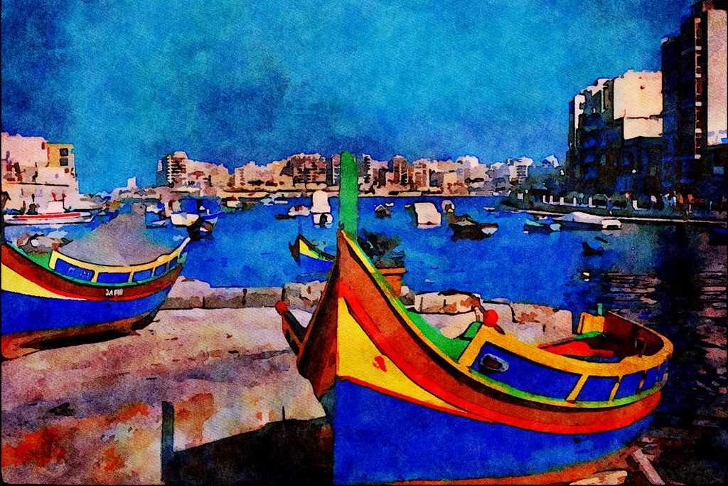796056 View Of St. Julian, Malta A4 Limited Edition Watercolour Print