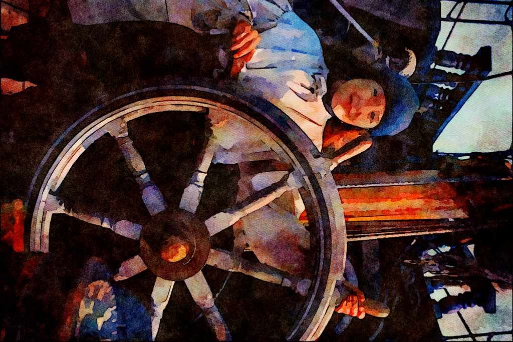 796060 At The Helm Of The _Golden Hinde_ A4 Limited Edition Watercolour Print