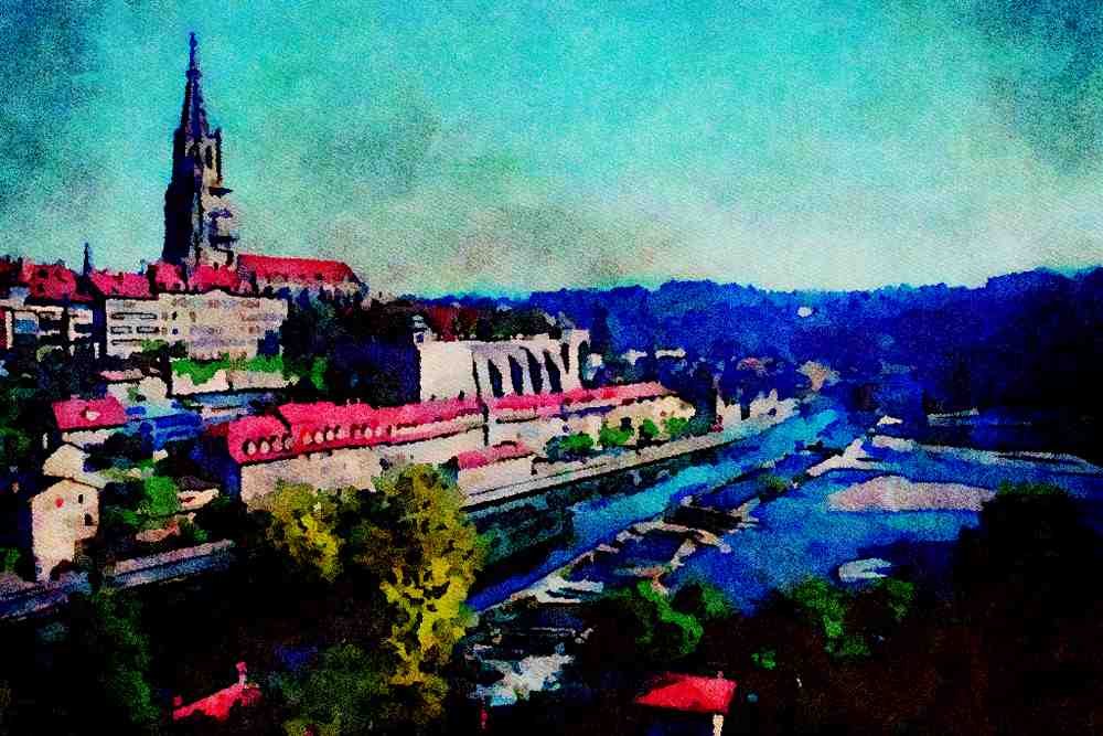 803008 Berne, Minster And River Aare, Switzerland A4 Limited Edition Watercolour Print