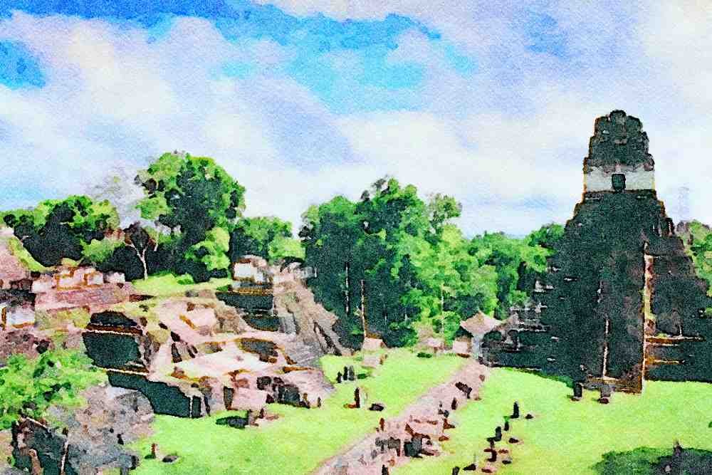 803057 Mayan Remains, Tikal, Guatemala A4 Limited Edition Watercolour Print
