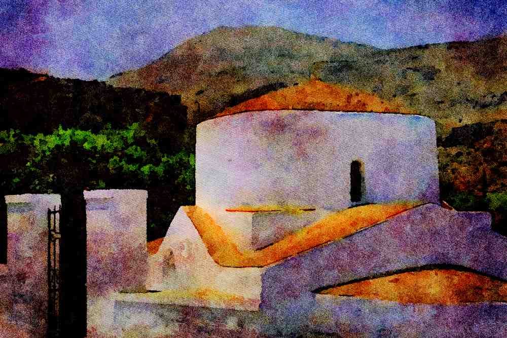 803070 Mountain And Whitewashed Building, Lindos, Rhodes, Greece A4 Limited Edition Watercolour Print