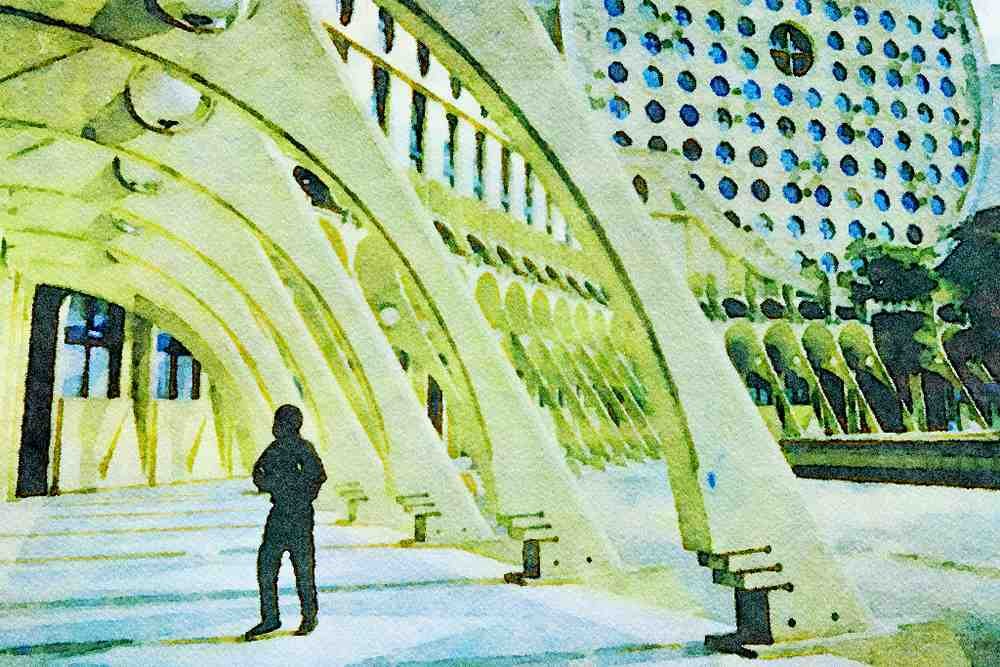 804032 Modern Building In The Town Of Marne La Vallee Near Paris, France A4 Limited Edition Watercolour Print