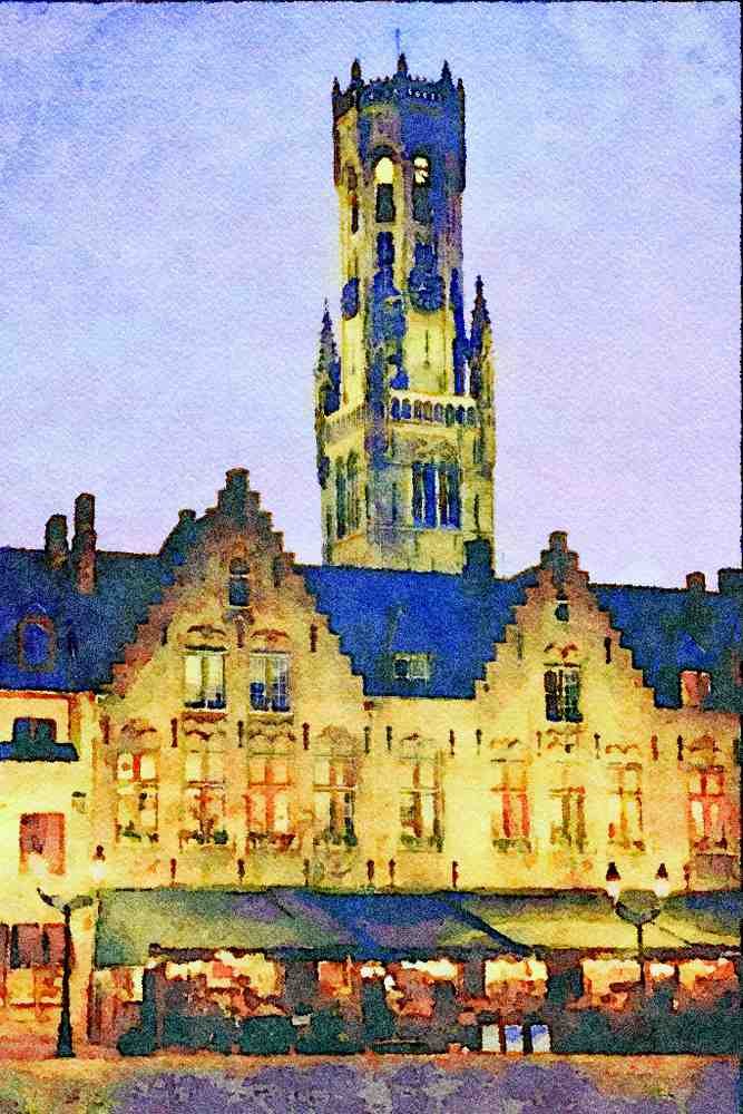 805026 Burg Square And Belfry Tower, Bruges, Belgium A4 Limited Edition Watercolour Print