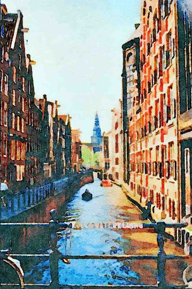 805038 One Of The Many Canals In Amsterdam, Netherlands A4 Limited Edition Watercolour Print