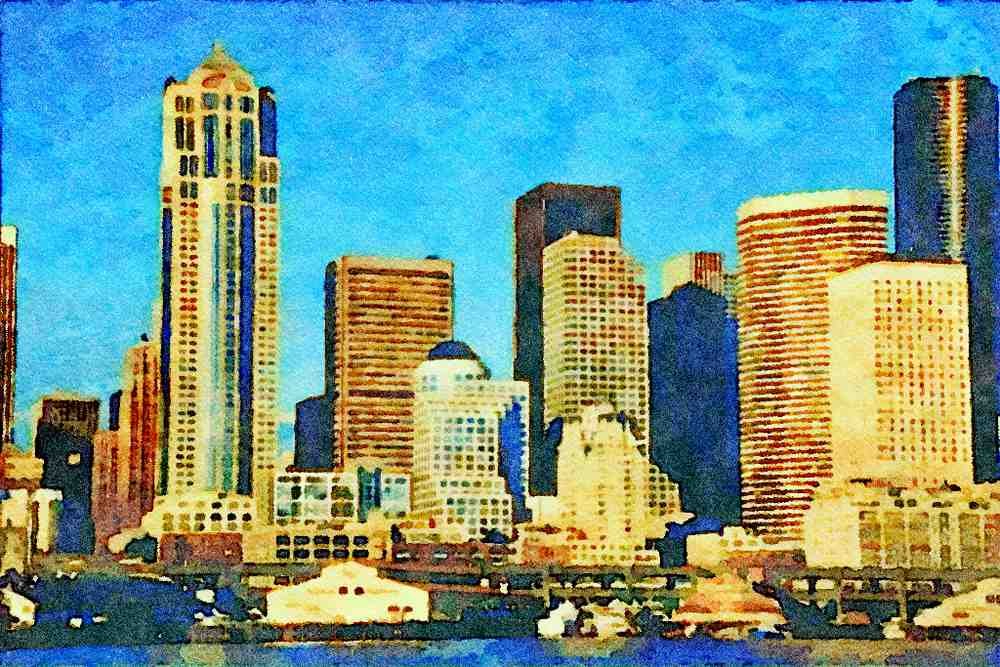 806016 City Center Skyline, Seattle, Washington, U.S.A., 1995 A4 Limited Edition Watercolour Print