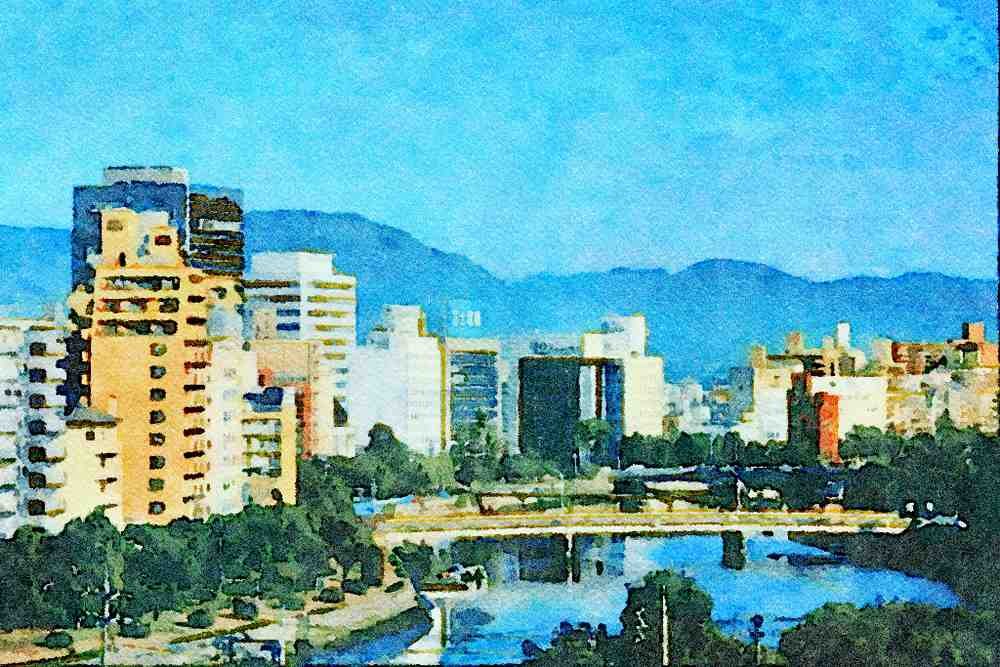 806028 Skyline Of Hiroshima, Japan A4 Limited Edition Watercolour Print