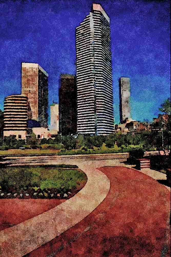 807022 View From Houston Center Park, Dominated By The Chevron Tower, Texas, U.S.A. A4 Limited Edition Watercolour Print