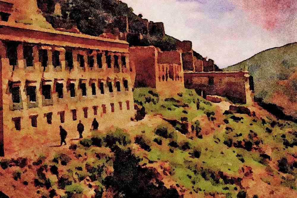 807095 Gompa Walls And Windows, Tibet, China A4 Limited Edition Watercolour Print