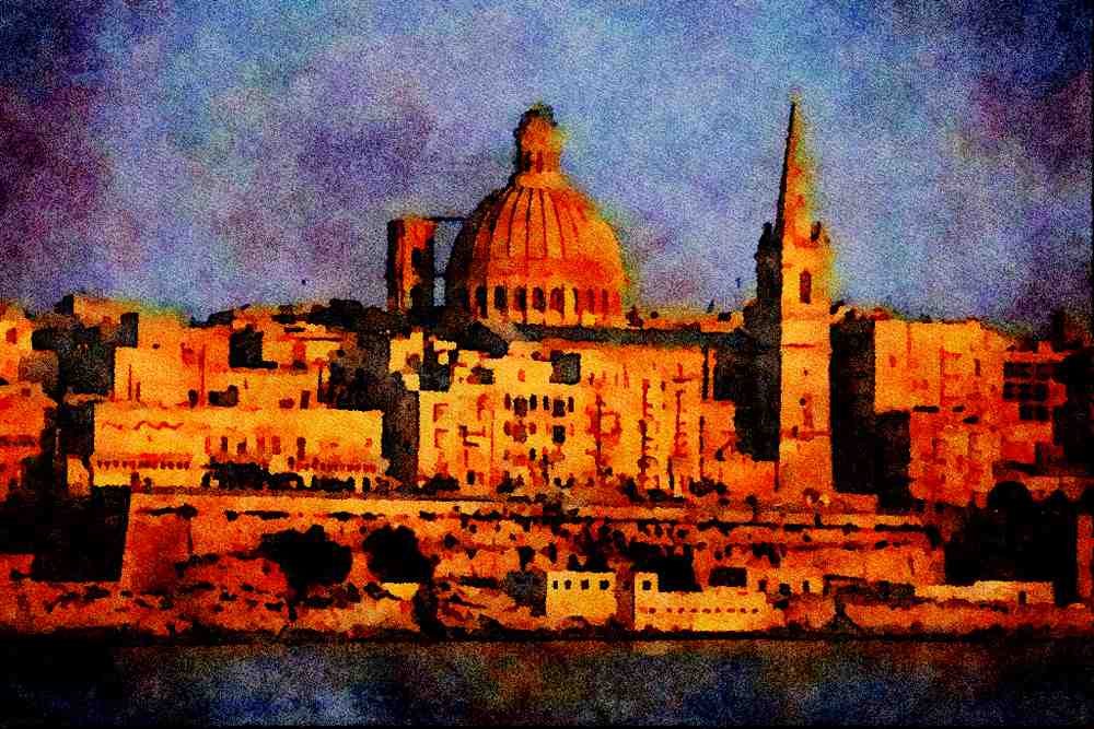 808007 Valletta, From Sliema Bay, Malta A4 Limited Edition Watercolour Print