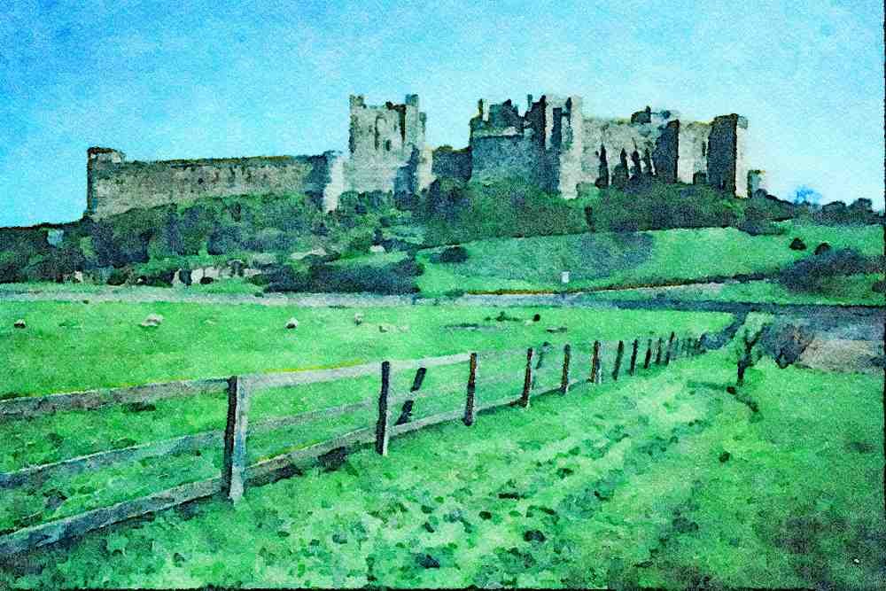 808057 Bamburgh Castle, Viewed Across Fields, Northumberland, U.K. A4 Limited Edition Watercolour Print
