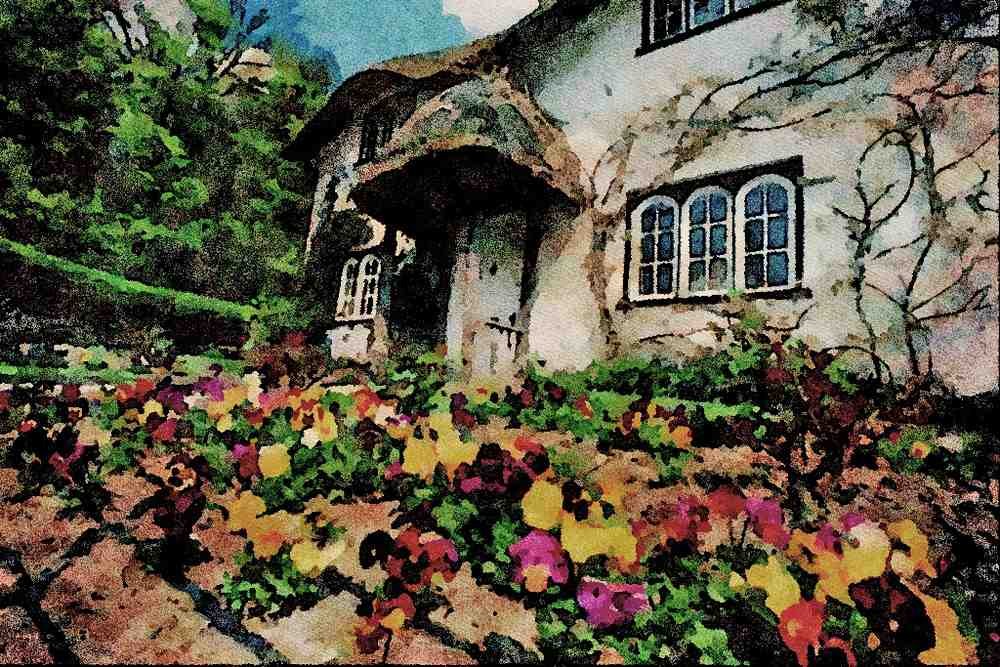 808067 English Cottage, Pansies A4 Limited Edition Watercolour Print