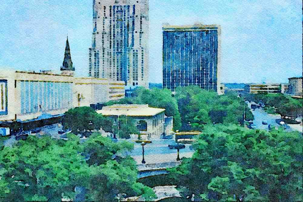 808090 Downtown Center Square, Southern Texas, U.S.A. A4 Limited Edition Watercolour Print