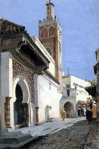 A Street Scene With a Mosque Tangier  A4 Photo Print