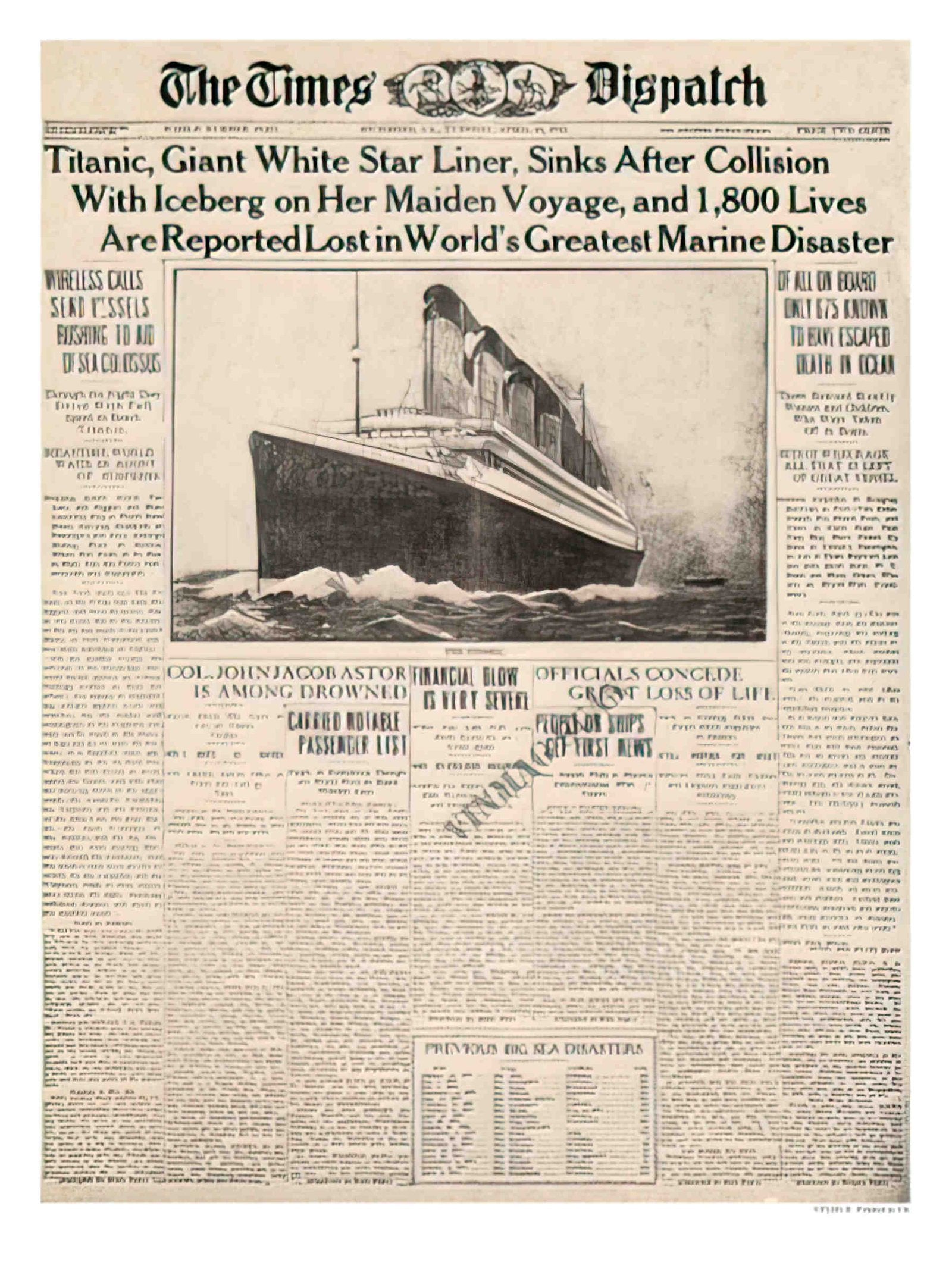 AP1181E titanic times dispatch april16th 1912 2 Advert A4 Photo Print