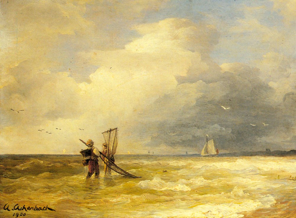 Achebach Andreas Fishing Along The Shore Art A4 Photo Print