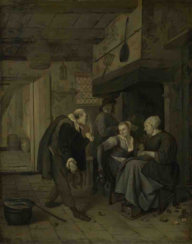 After Jan Steen An Itinerant Musician saluting Two Women in a Kitchen A4 Photo Print