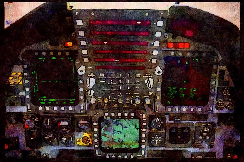Air Force 396031 Pilot's Cockpit Showing Flight Controls A4 Limited Edition Watercolour Print
