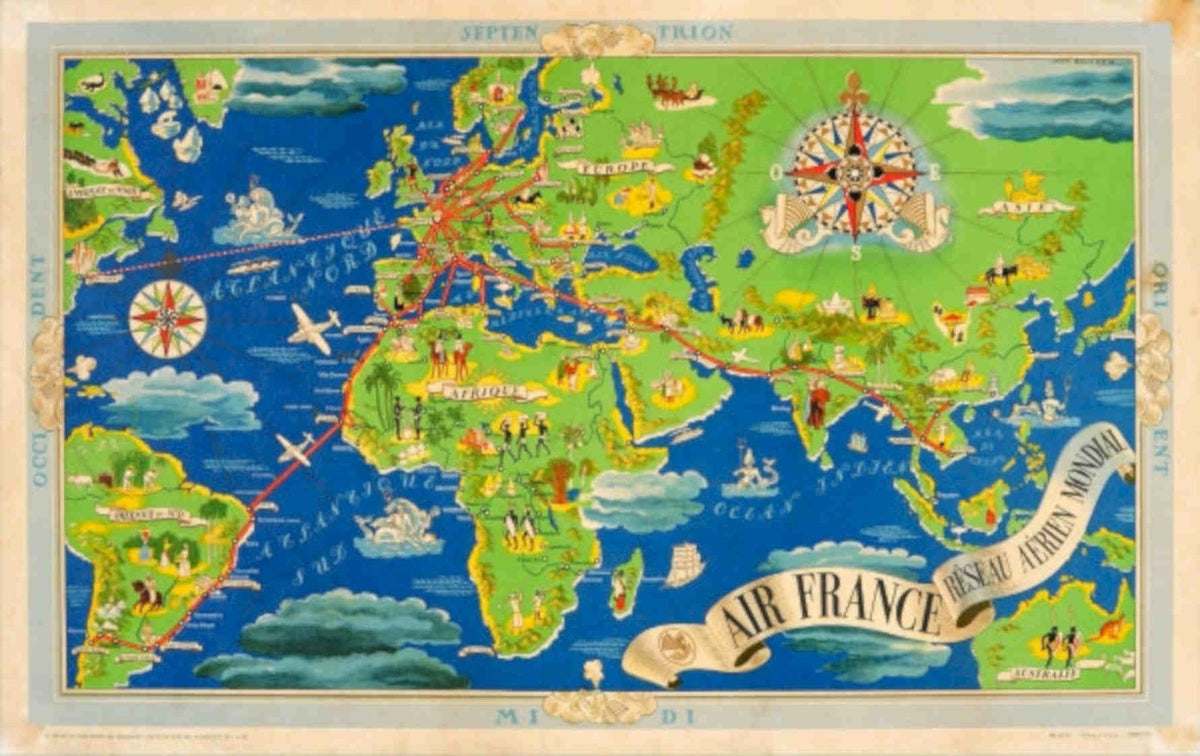 Air France Map 2 Vintage Retro Advert Poster A4 Photo Print