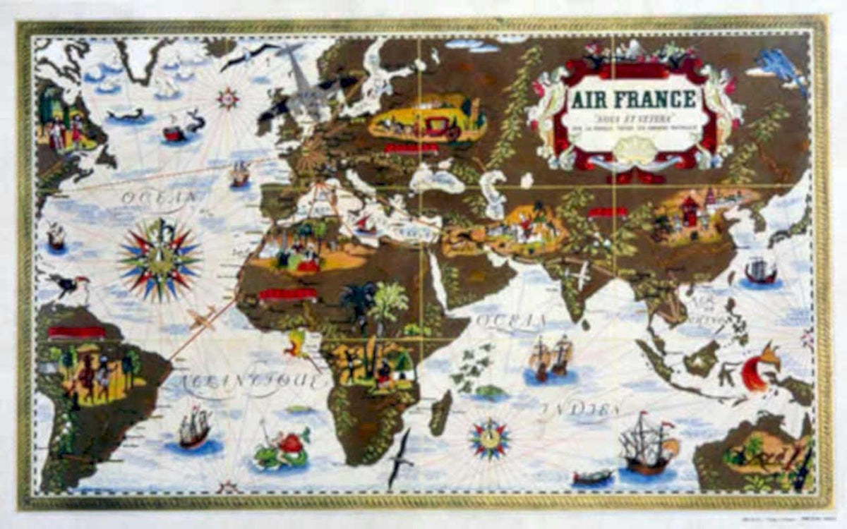 Air France Map 3 Vintage Retro Advert Poster A4 Photo Print